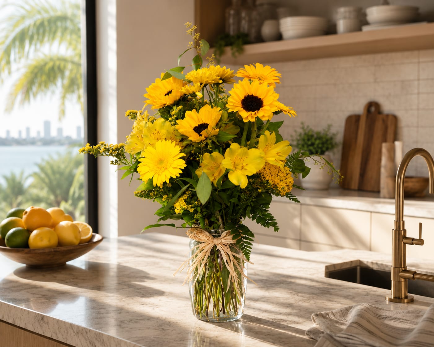 K 2409 Sunshine - Brighten someone’s day with Sunshine, our cheerful yellow flower arrangement filled with warmth and happiness! Designed by Kiko’s Flower Shop, this radiant bouquet brings the beauty of a sunny garden into any home or office.  Arranged in a charming vase finished with a natural raffia bow, Sunshine features Mini Sunflowers, Yarrow, Gerbera Daisies, Brown-Eyed Small Daisies, and other fresh seasonal flowers in beautiful shades of yellow. It is a wonderful choice for birthdays, get-well wishes, thank-you gifts, celebrations, or just because.  Daily flower delivery is available throughout Park Ridge, Chicago, and the surrounding Metro Area.