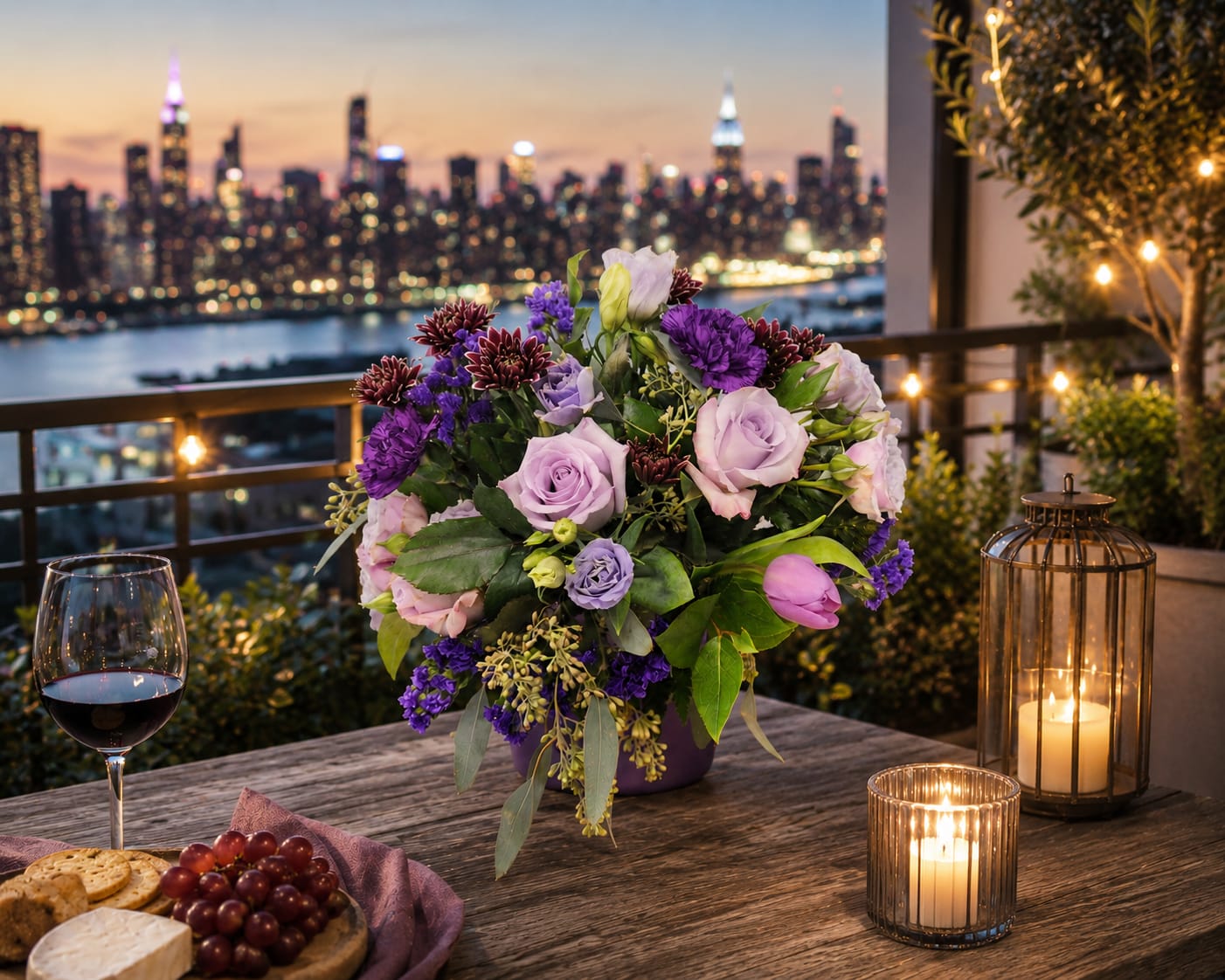 Purple Embrace - Step into a world of rich color and natural beauty with K110 Purple Embrace, an elegant new version of our much-loved Purple Passion. Designed in a sleek lavender glass cube, this beautiful arrangement blends modern style with timeless charm.  Lavender roses are surrounded by, lavender lisianthus, and other complementary blooms in lovely shades of purple and lavender. Seeded eucalyptus adds soft texture and graceful movement, completing this luxurious floral design.  Purple Embrace is a wonderful gift for birthdays, anniversaries, thank-you wishes, sympathy, or anyone who loves the beauty of purple flowers. Blooms may vary slightly with seasonal availability, but the arrangement’s rich purple character will always remain.  Handcrafted by Kiko’s Flower Shop, your local Park Ridge florist, with daily flower delivery throughout Park Ridge, Chicago, and much of the surrounding Metro Area.