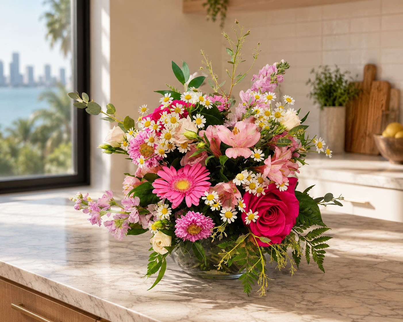K015 Tickled Pink - K105 Tickled Pink is one of Kiko’s all-time best sellers—and it is easy to see why! This sweet arrangement features light pink roses, lisianthus, stock, germinis, and other complementary blooms, all beautifully arranged in a charming glass bubble bowl.  Its soft pink colors and compact design make Tickled Pink a heartfelt gift for birthdays, anniversaries, new babies, get-well wishes, or simply letting someone know you are thinking of them. Elegant, warm, and filled with love, it is a wonderful choice for almost any occasion.  Flowers may vary slightly with seasonal availability, but the soft pink look and overall beauty will always remain. Created with care by your local Park Ridge florist, Kiko’s Flower Shop offers daily flower delivery throughout Park Ridge, Chicago, and much of the surrounding Metro Area.