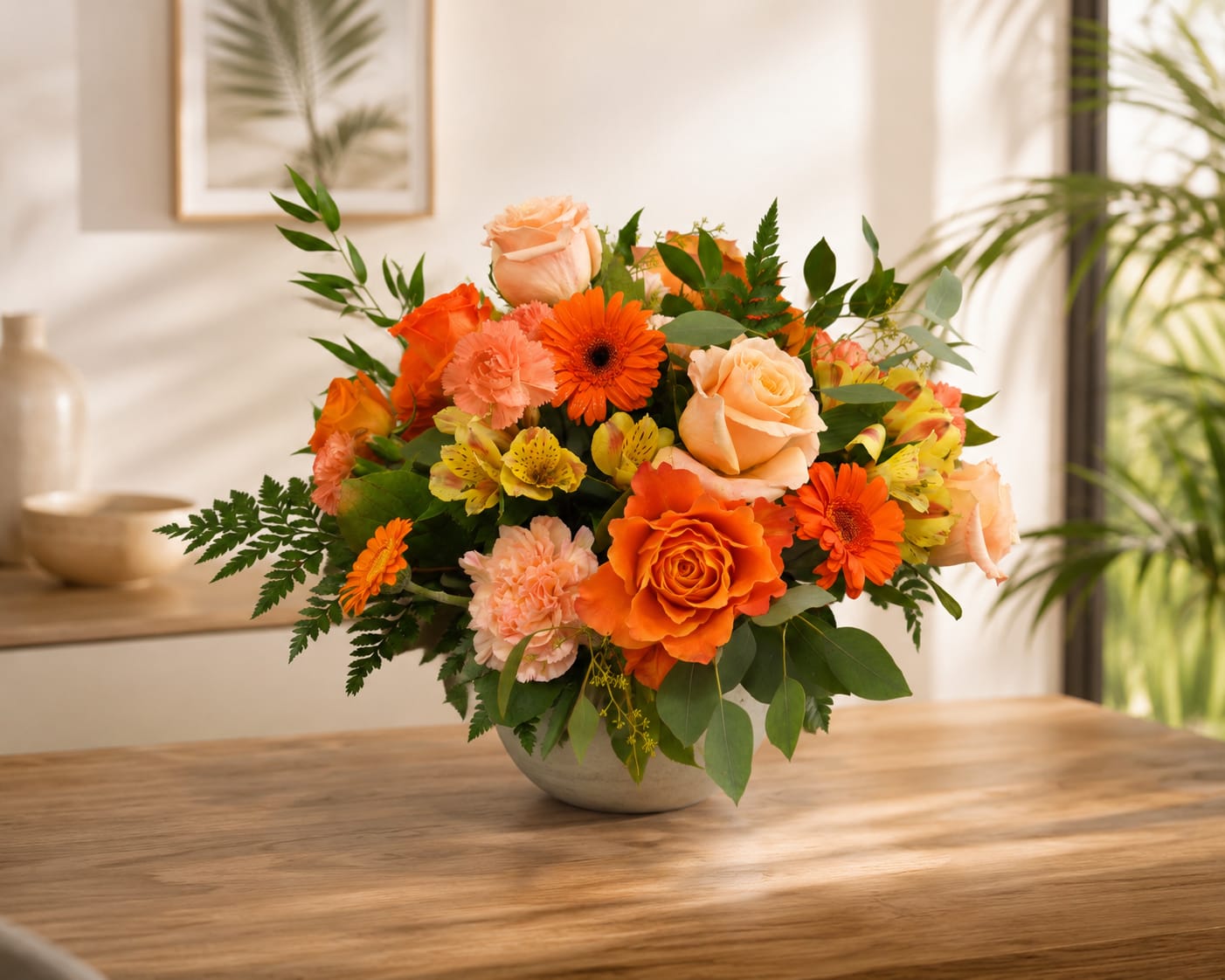 K2421 Mango Smoothie - Introducing Kiko's Mango Smoothie – the trendiest non-edible fresh delight around! Perfect for any occasion, from birthdays to anniversaries or simply to spread joy. Bursting with Peach Roses, Germinis, Spray Roses, Assorted Carnations, and Mini Carnations, it's a vibrant greeting that will light up any room. Available in 3 sizes exclusively at Kiko's, your go-to florist. Sending smiles has never been this easy – enjoy the rave reviews as much as we enjoyed crafting it! 