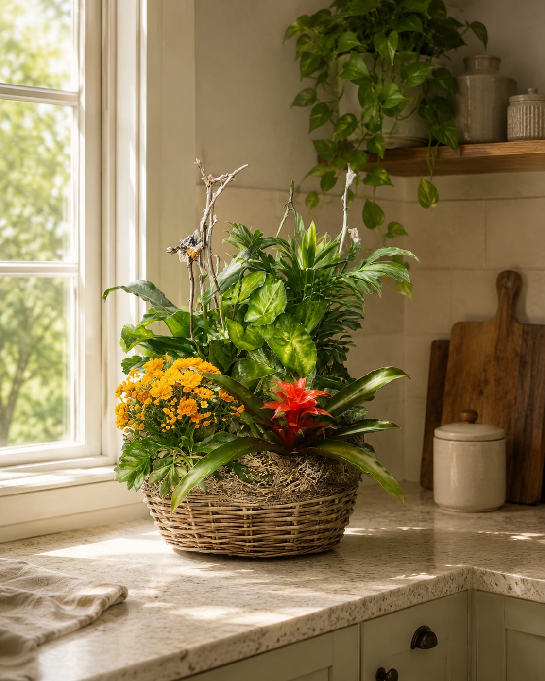 European Garden Basket - Give lasting beauty with a European dish garden from Kiko’s Flower Shop. Each handcrafted plant basket features blooming plants and long-lasting green foliage, with a small orchid included in our $125 and $150 options. Plant colors and varieties may change weekly, but the overall design and plant count will always match the picture. Perfect for birthdays, sympathy, thank-you gifts, celebrations, or simply because, this elegant indoor garden brings beauty and freshness to any home or office. We offer daily delivery to Park Ridge, Chicago, and the Metro Area. This European plant garden will continue growing and bringing joy for months.