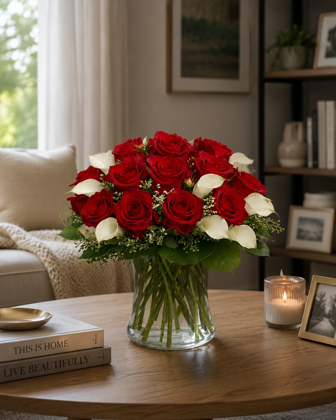 K217  Dozen Red Roses with Calla Lilies - When words are simply not enough, K117 The Perfect Expression of Love says it beautifully. Passionate red roses are paired with graceful white mini calla lilies to create a striking arrangement filled with romance, elegance, and heartfelt meaning. The rich red roses represent deep and lasting love, while the pure white calla lilies add beauty, sophistication, and admiration. Artfully arranged in a sparkling clear glass vase, this timeless combination makes an unforgettable gift for an anniversary, Valentine’s Day, a romantic celebration, or that special person who holds your heart. Available in three beautiful sizes Standard — 12 red roses and 6 white mini calla lilies Deluxe — 12 red roses and 10 white mini calla lilies Premium — 18 red roses and 10 white mini calla lilies  Handcrafted with care by Kiko’s Flower Shop, your local Park Ridge florist, with daily flower delivery throughout Park Ridge, Chicago, and much of the surrounding Metro Area.