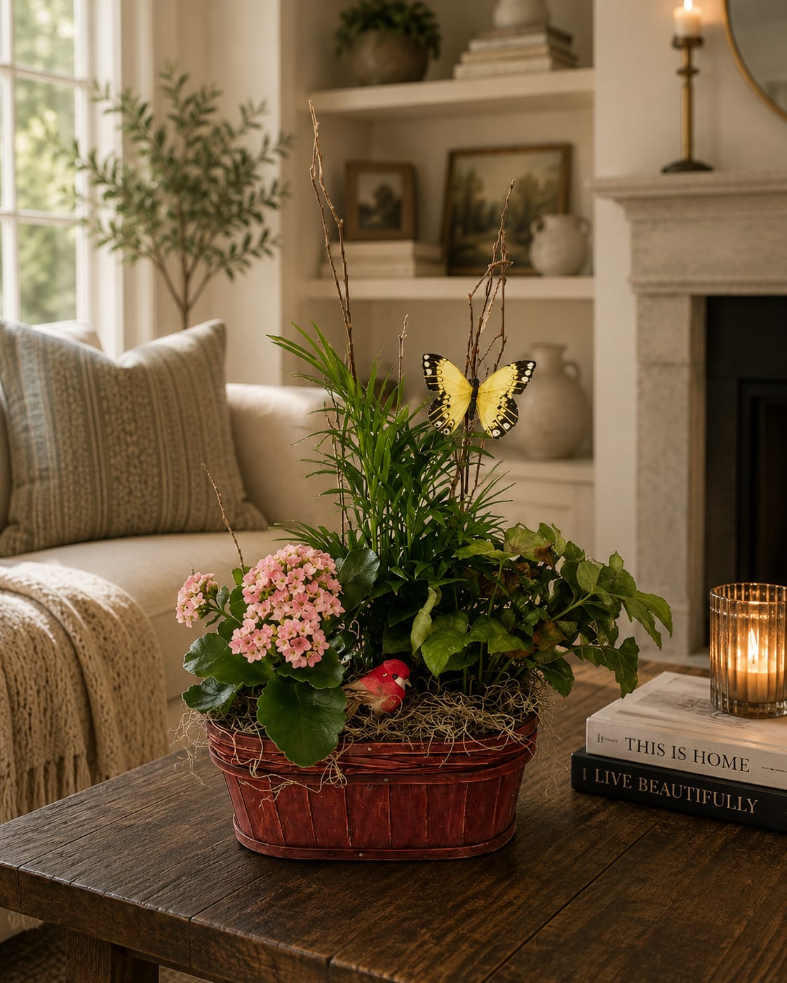 Smaller European Gardens - A lovely selection of blooming and long lasting foliage plants together in a basket. Please understand, our inventory of blooming and green plants changes thru the week and there may be different colors in each European garden but the overall