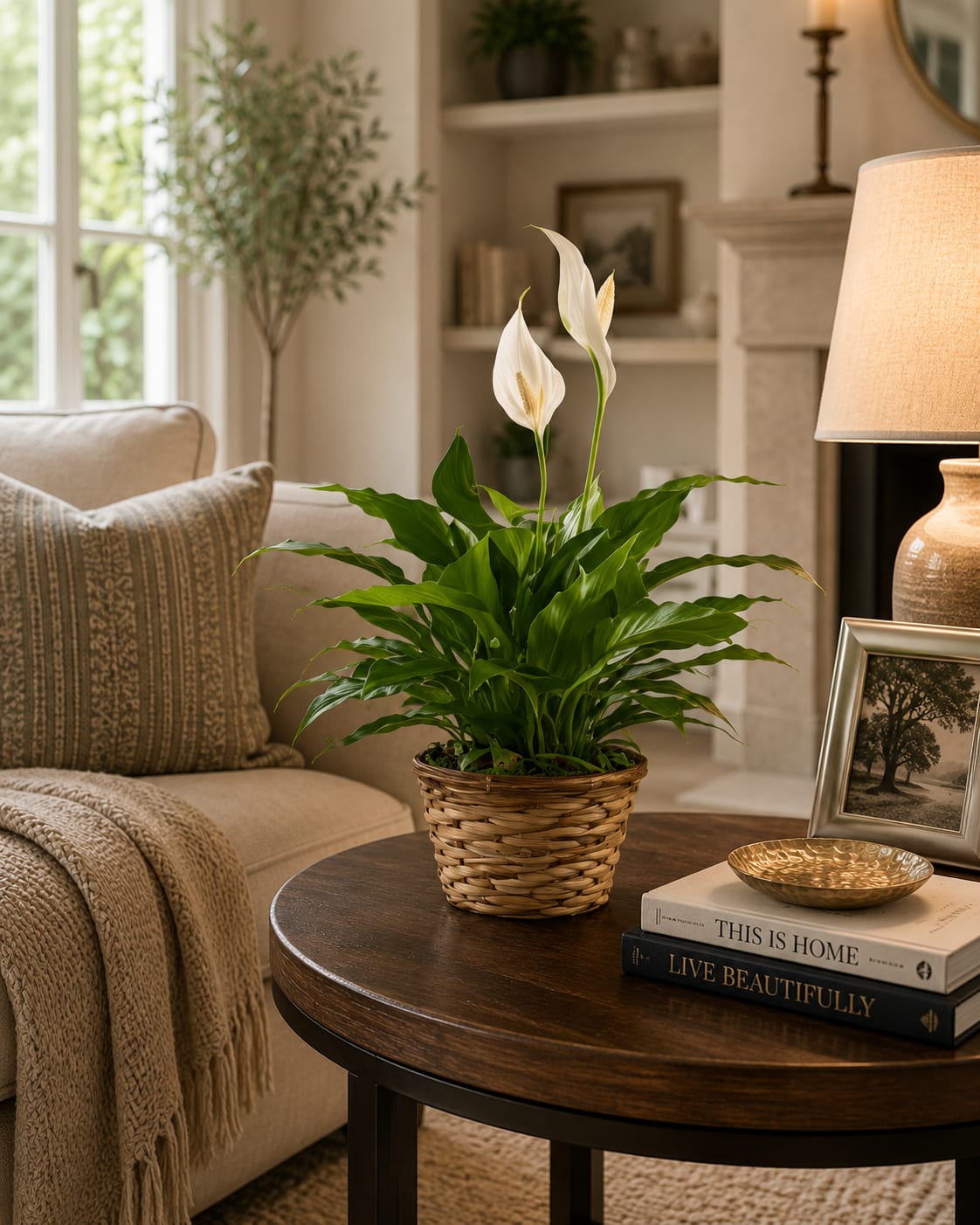 Potted peace lily in a woven basket on a living room table