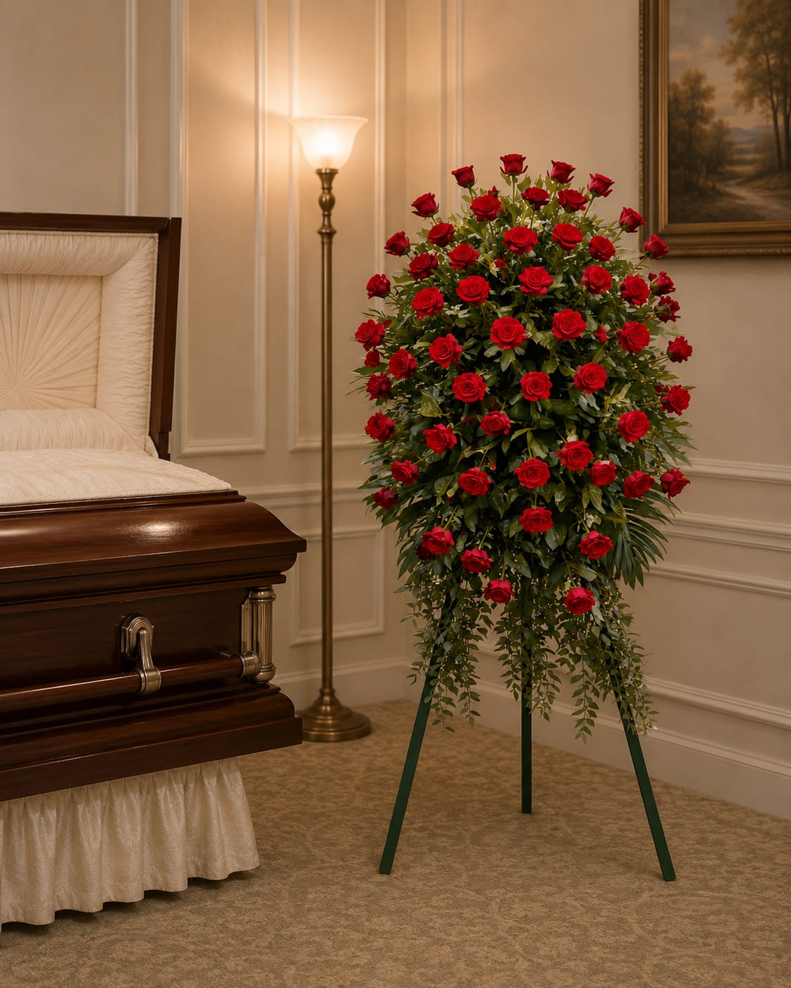 K647 Timeless Tribute Red Rose Easel - .Red roses are the ultimate expression of love, perfect for honoring a spouse, a parent, or a child. Their warm and soft petals exude an emotion that is often hard to express, providing a heartfelt farewell to that dear special person. In times of loss, red roses convey a depth of love and emotion that words alone cannot capture, making them an ideal choice for paying tribute to the ones who have touched our hearts so deeply. Let the timeless beauty of red roses offer comfort and a perfect farewell to those who meant the world to you.