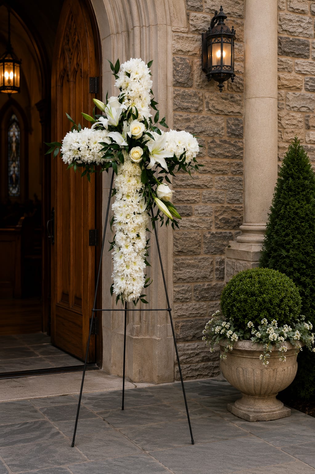 K641 Heavenly Peace 36"  Cross Easel - The All-White Cross is a beautiful and heartfelt tribute, symbolizing peace, purity, and a life well lived. This elegant floral arrangement is expertly crafted with pristine white blooms, forming a graceful cross that serves as a touching expression of love and remembrance. A carefully placed cluster of lush white roses enhances its beauty, adding a sense of serenity and reverence. This stunning display is a perfect way to honor and celebrate the memory of a cherished individual, offering comfort and solace to those who are mourning.