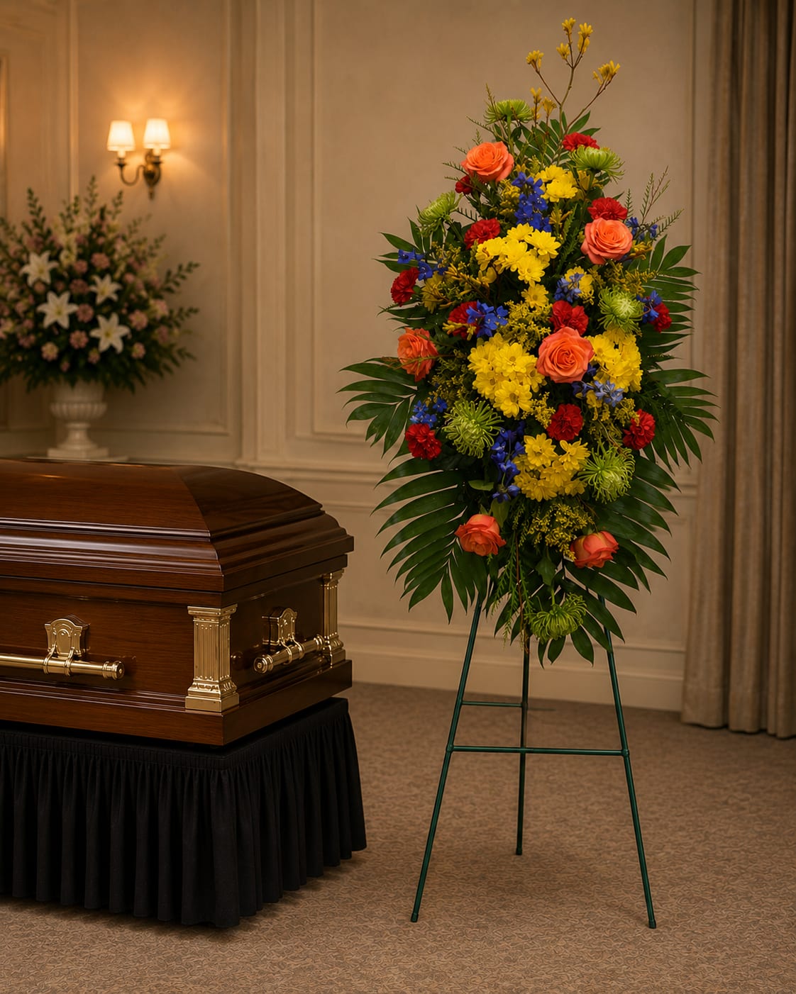 Standing funeral spray with colorful flowers beside a casket