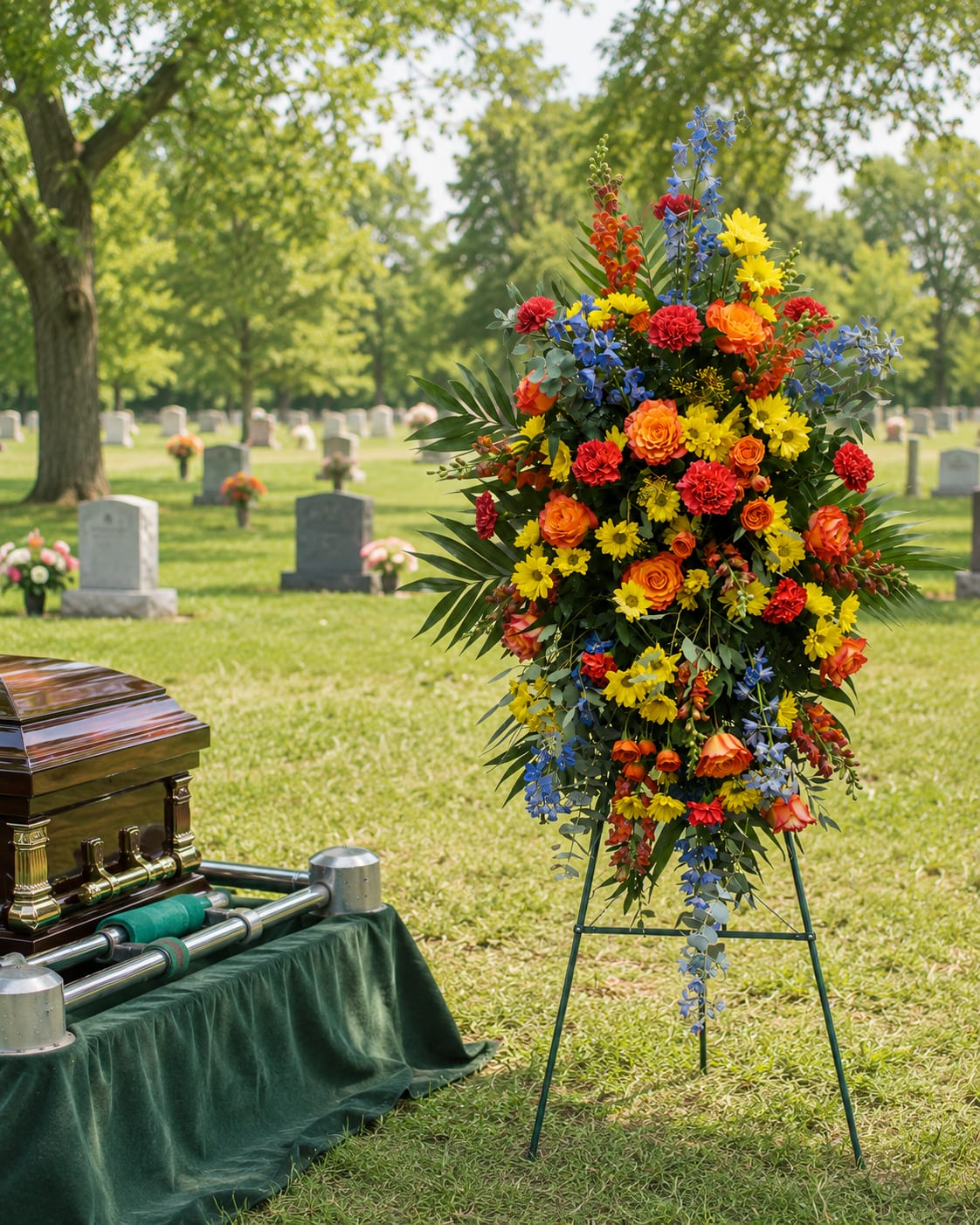 Standing funeral spray beside a casket in a cemetery