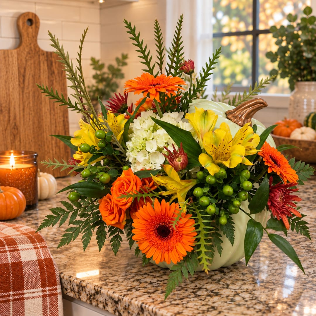 Orange and yellow floral arrangement in a pale pumpkin container