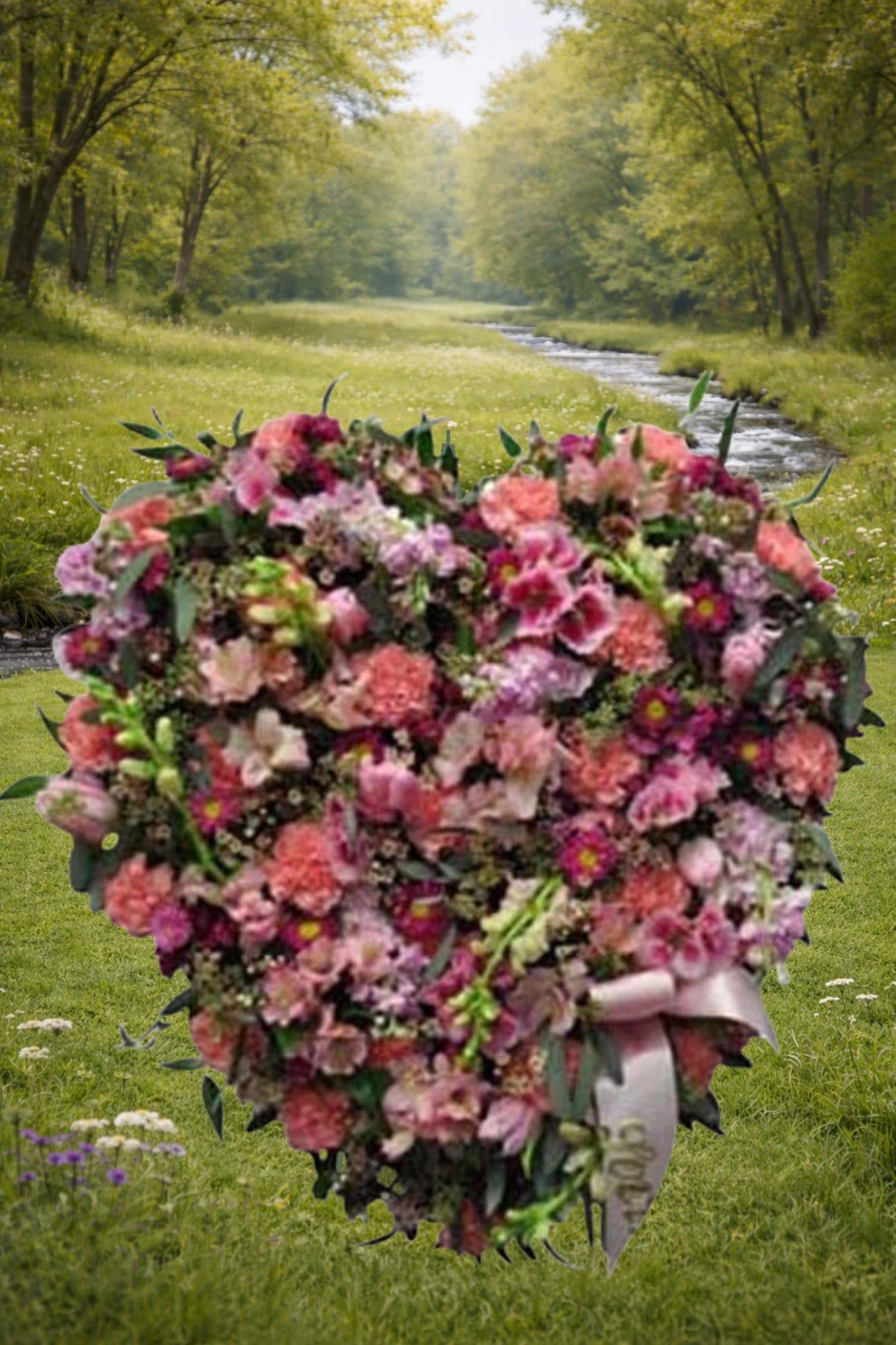 K623  Eternal Pink Embrace Tribute - Eternal Pink Embrace Tribute Express your love and heartfelt sympathy with this stunning large 24" solid heart arrangement, delicately displayed on an easel. Filled with an incredible assortment of beautiful flowers, the diverse colors and various blooms create a serene and elegant display. This lovely piece serves as a perfect tribute to honor and remember a special loved one, offering comfort and peace during a difficult time.