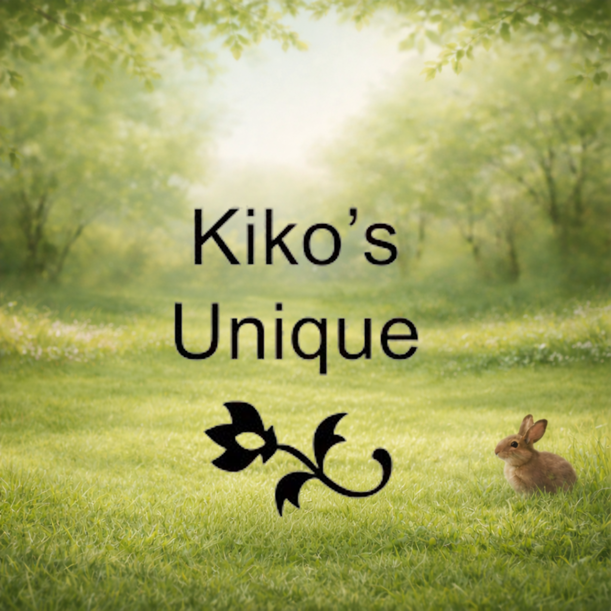 Logo text reading “Kiko’s Unique” over a sunlit green meadow with a small rabbit and a floral icon.
