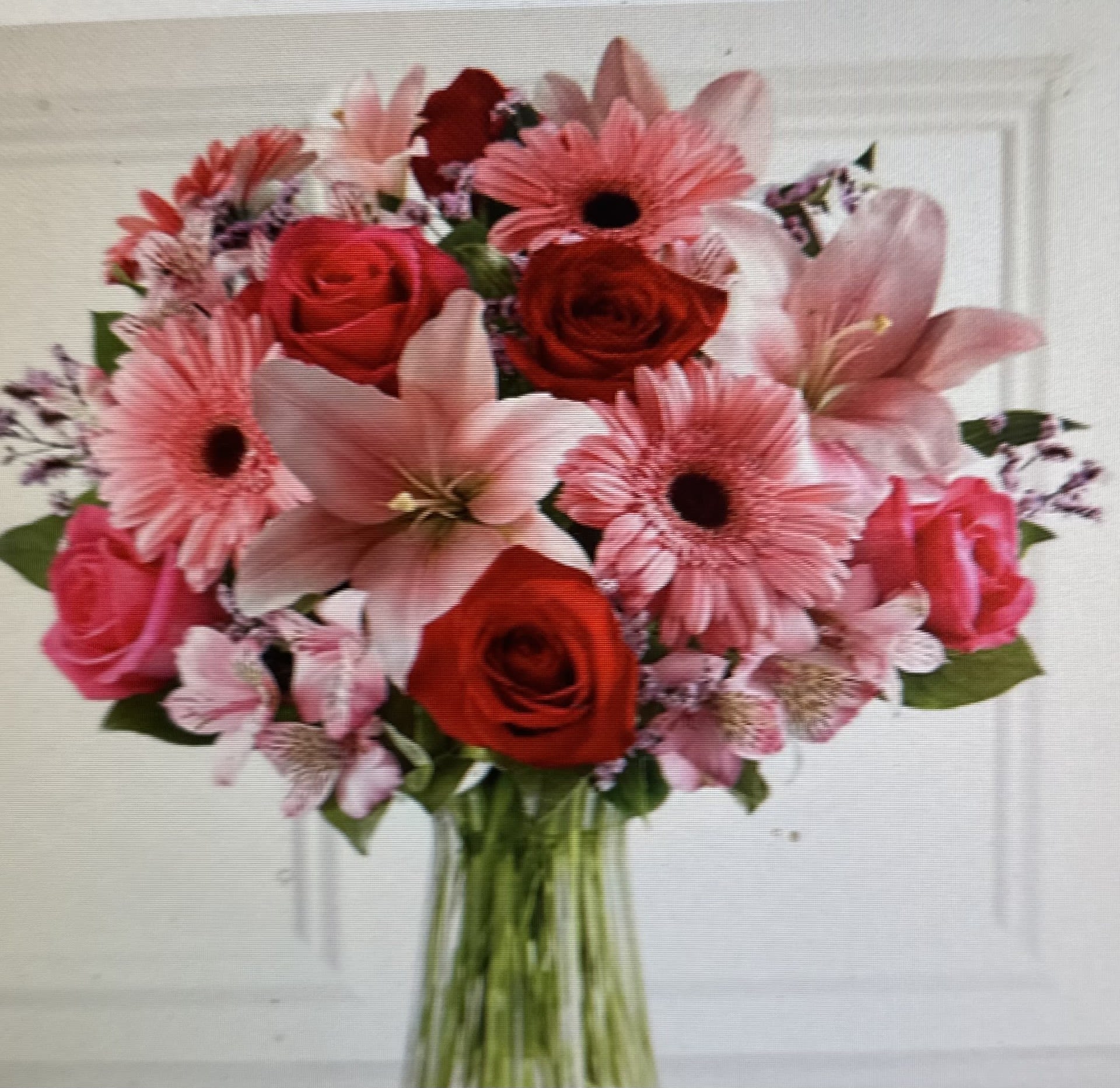 GERBERA GRACES BOUQUET - BEAUTIFUL BOUQUET OF GERBERAS, ALSTROMERIA, ROSES, AND LILIES. STATEMENT BOUQUET