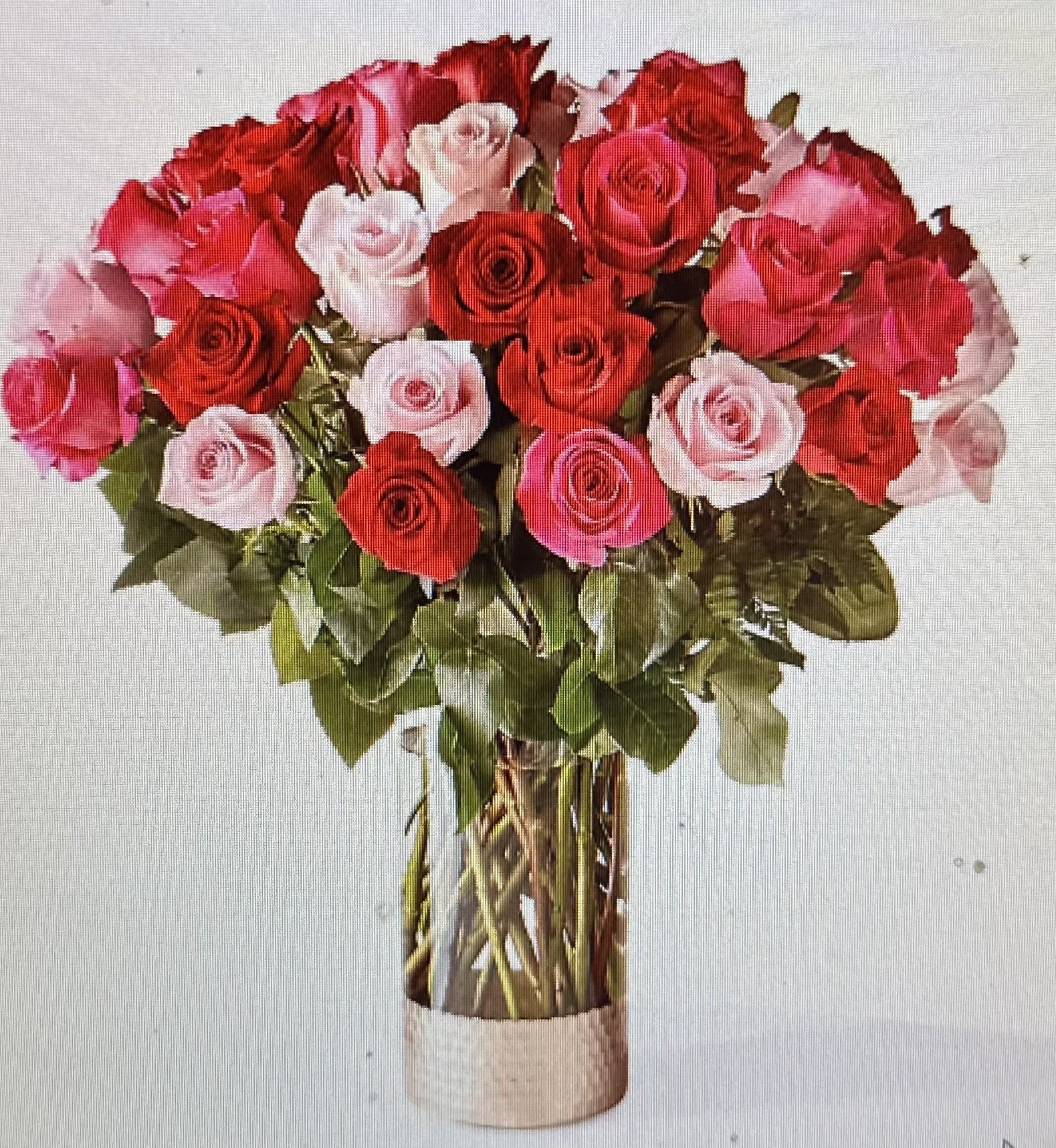 HERE THERE AND EVERYWHERE BOUQUET - GRAND BOQUET OF 36 MIXED LONG STEMMED ROSES IN A GOLD DIPPED VASE. SURE TO MAKE YOUR LOVE SWOON