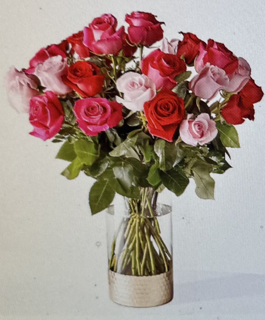 HOW DO I LOVE THEE BOUQUET - BOUQUET OF 24 MIXED LONG STEMMED ROSES IN A GOLD DIPPED VASE. LOVELY PRESENTATION