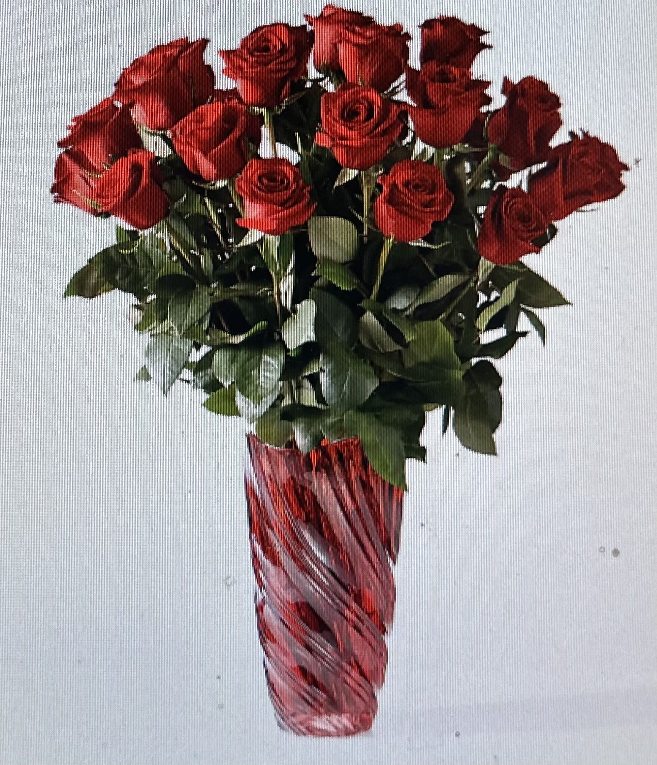 SWIRLING KISSES BOUQUET 2 DOZEN ROSES - STUNNING BOUQUET OF 24 LONG STEMMED RED ROSES IN A CUSTOM SWIRLING RED VASE. HIGH IMPACT