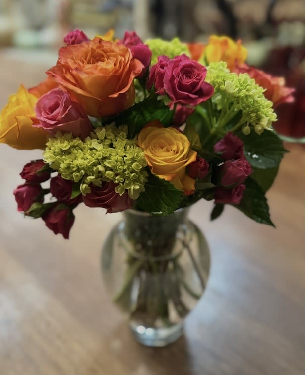 TUTTI FRUITTI BOUQUET - VIBRANT BOUQUET OF HYDRANGEAS, ROSES, SPRAY ROSES, AND GREENS. WOW FACTOR!!