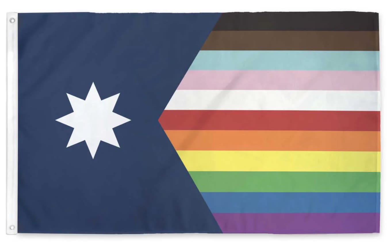 Rainbow-striped flag with a white star on a dark blue field