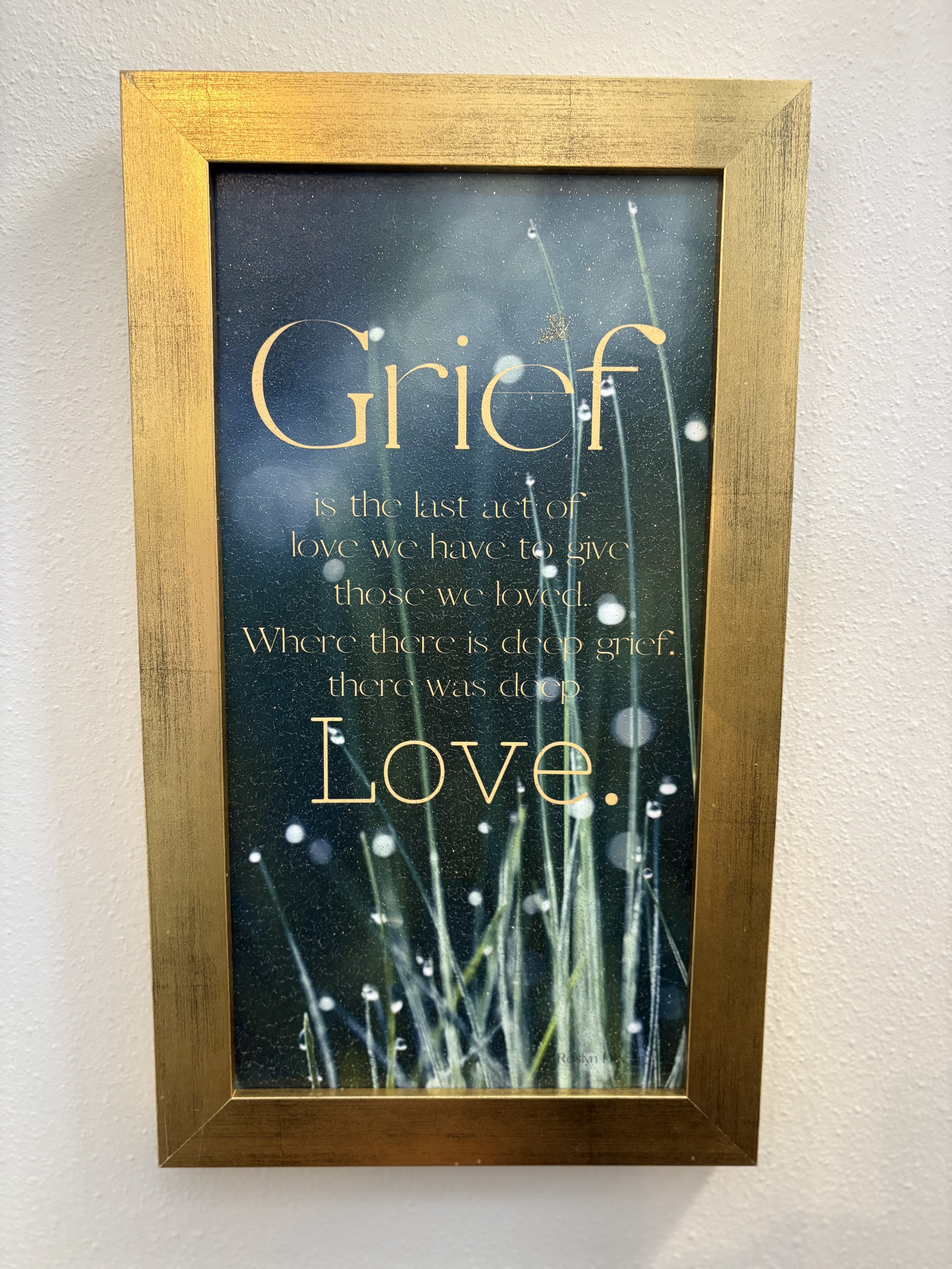 Framed grief quote print with grass and dew on a dark background