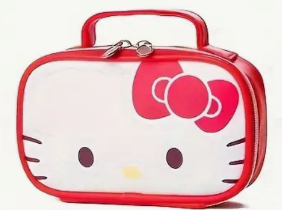 Hello Kitty lunch bag with a red handle and zipper