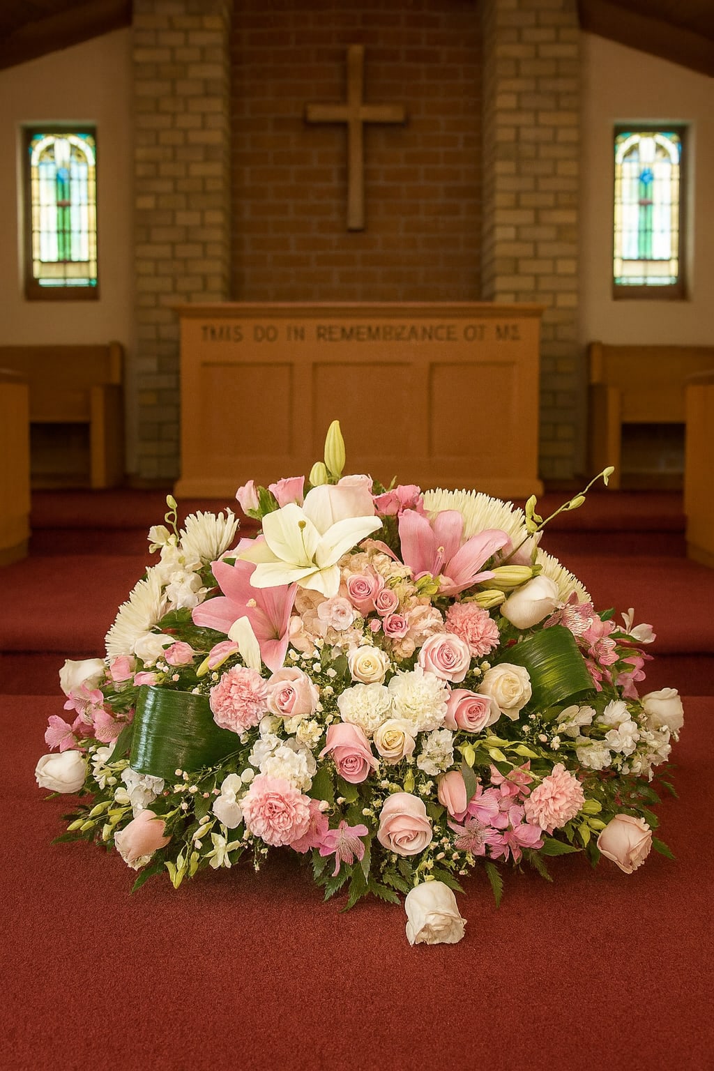 Large pink and white funeral spray in a church sanctuary