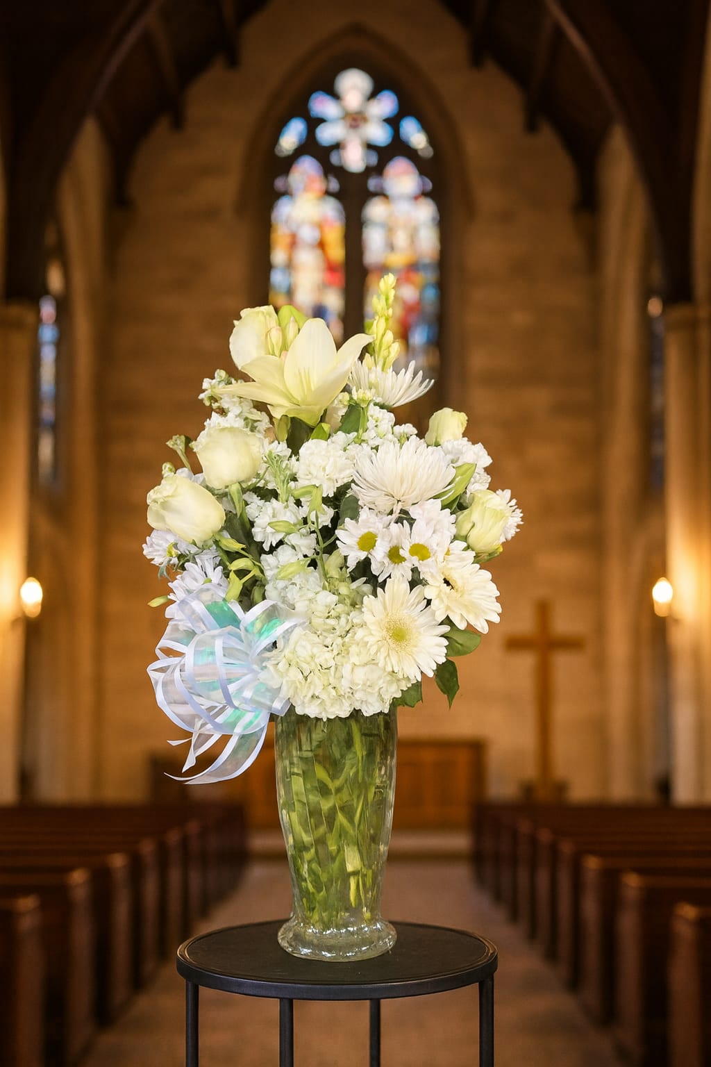 White floral arrangement in a clear glass vase with a ribbon bow