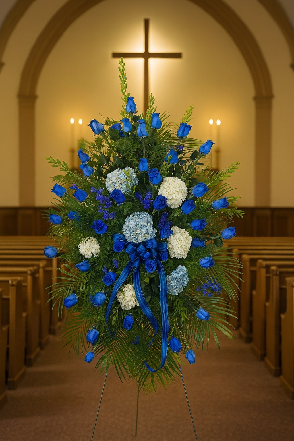 Blue rose funeral spray with white and pale blue flowers