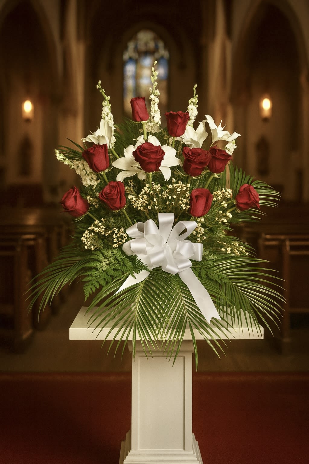 Red roses and white lilies arranged on a pedestal with a white bow