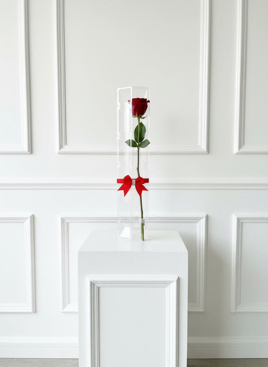 Single red rose in a clear tall box with a red ribbon