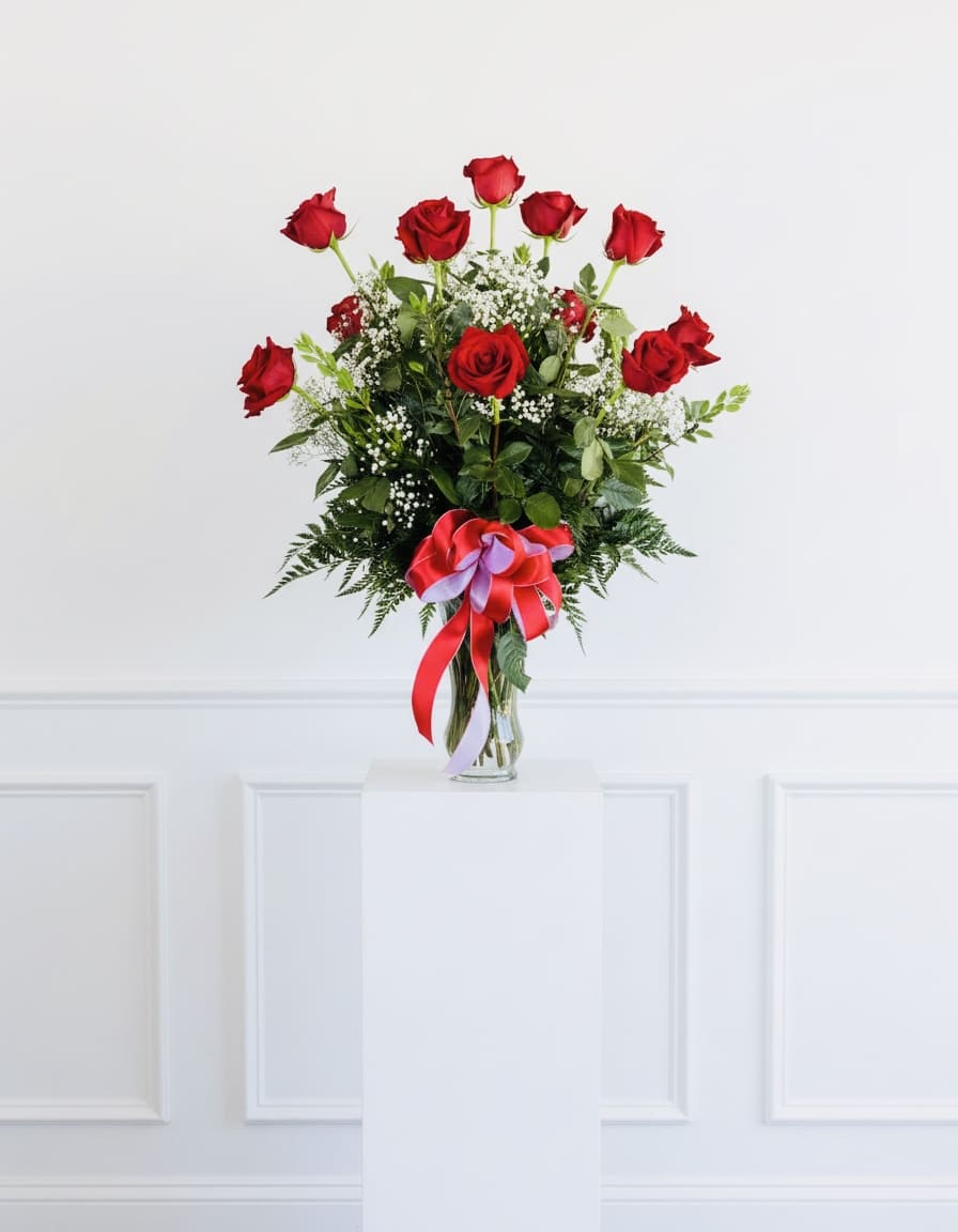 Red roses arranged in a clear glass vase with a ribbon bow