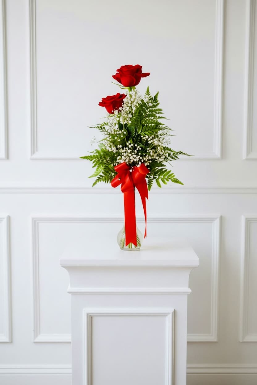 Two red roses in a clear vase with baby's breath and a red ribbon