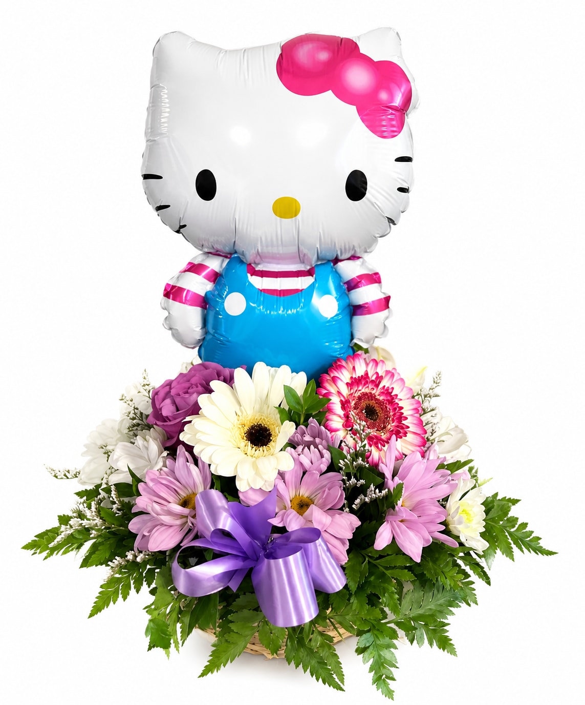Hello Kitty balloon above a basket of mixed flowers with a purple ribbon