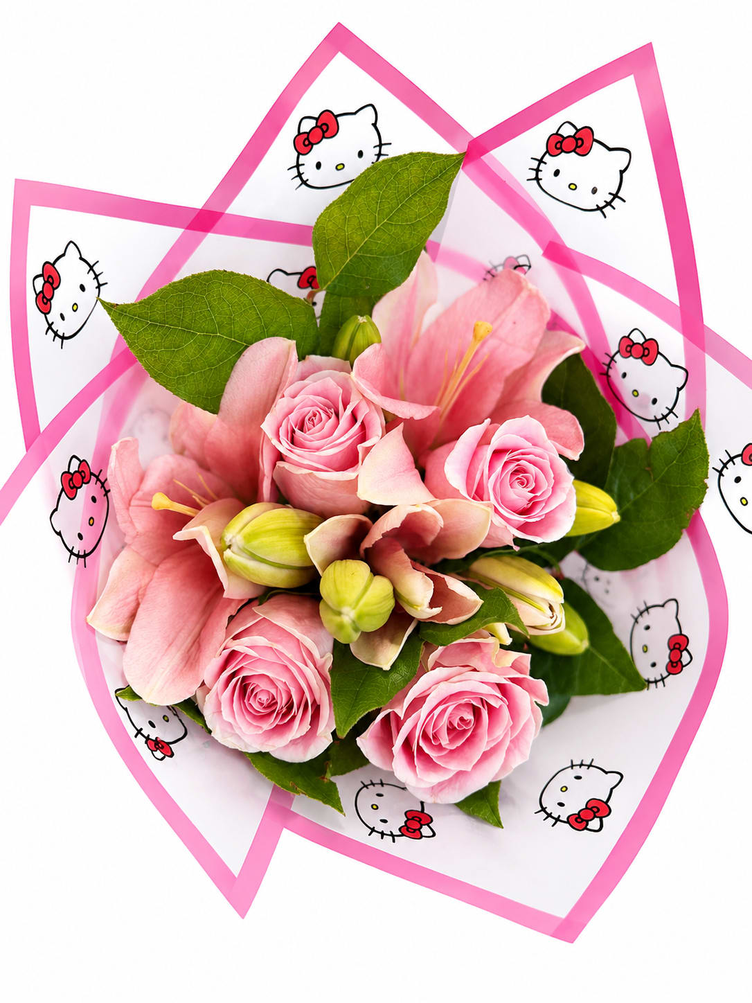 Pink roses and lilies wrapped in Hello Kitty paper