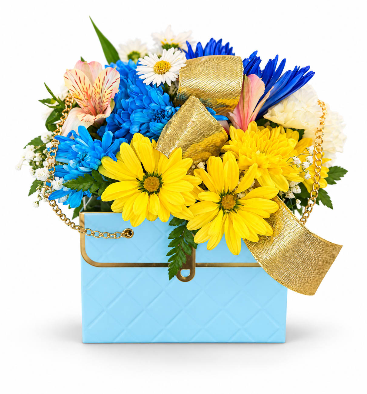 Bright mixed bouquet in a blue gift box with gold ribbon