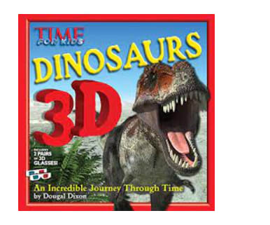 A dinosaur book cover with a roaring T. rex and large 3D text