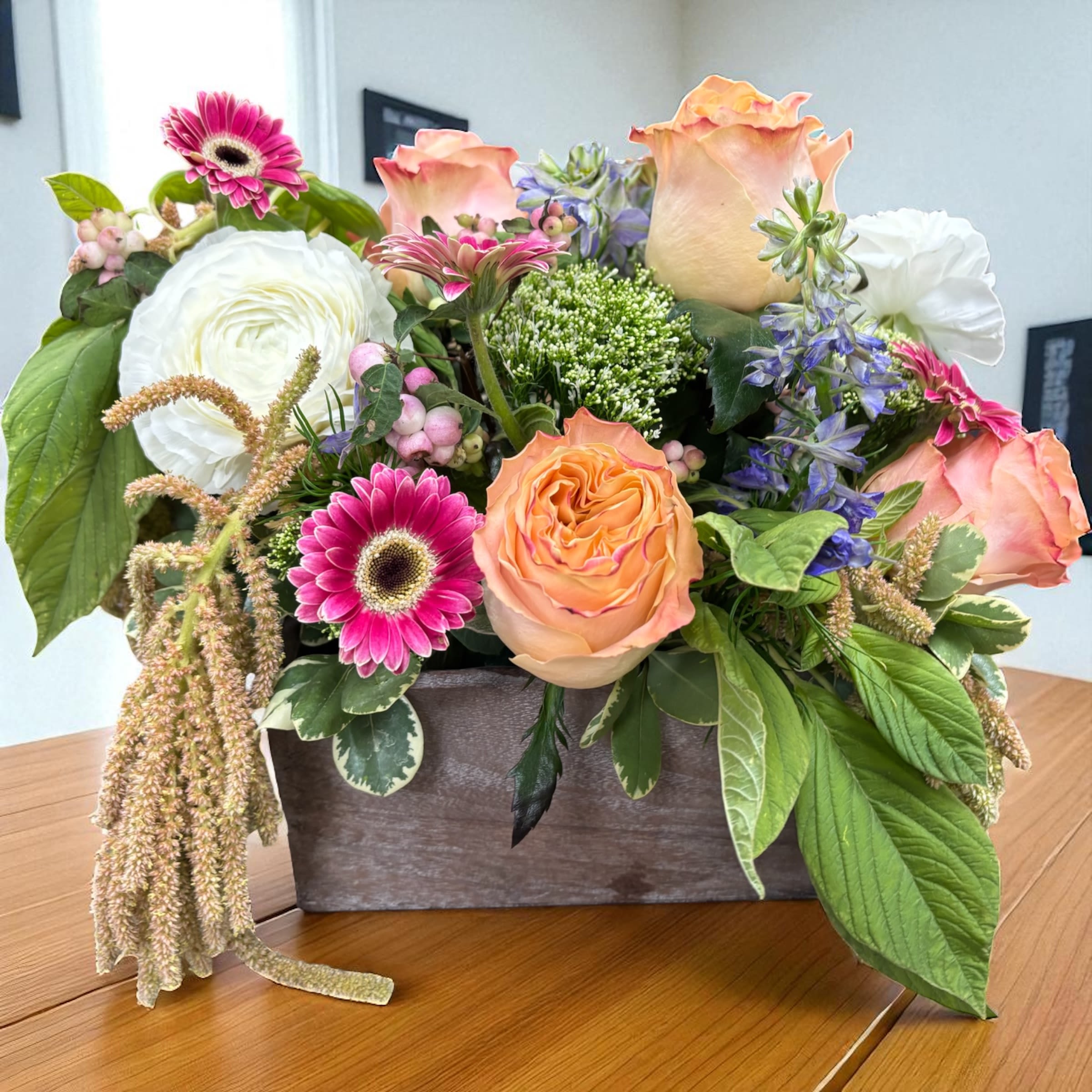 Beautiful Day  - A little rustic, a little elegant, a lot of joy. This beautiful design brings elegant flowers to a rustic keepsake box. Flowers may vary based on seasonal availability but the beauty will always be perfection for any occasion.