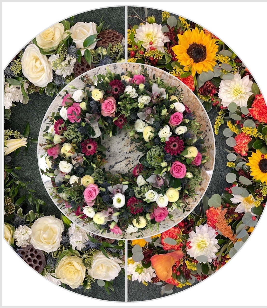 Circular floral wreath with pink, white, and yellow blooms