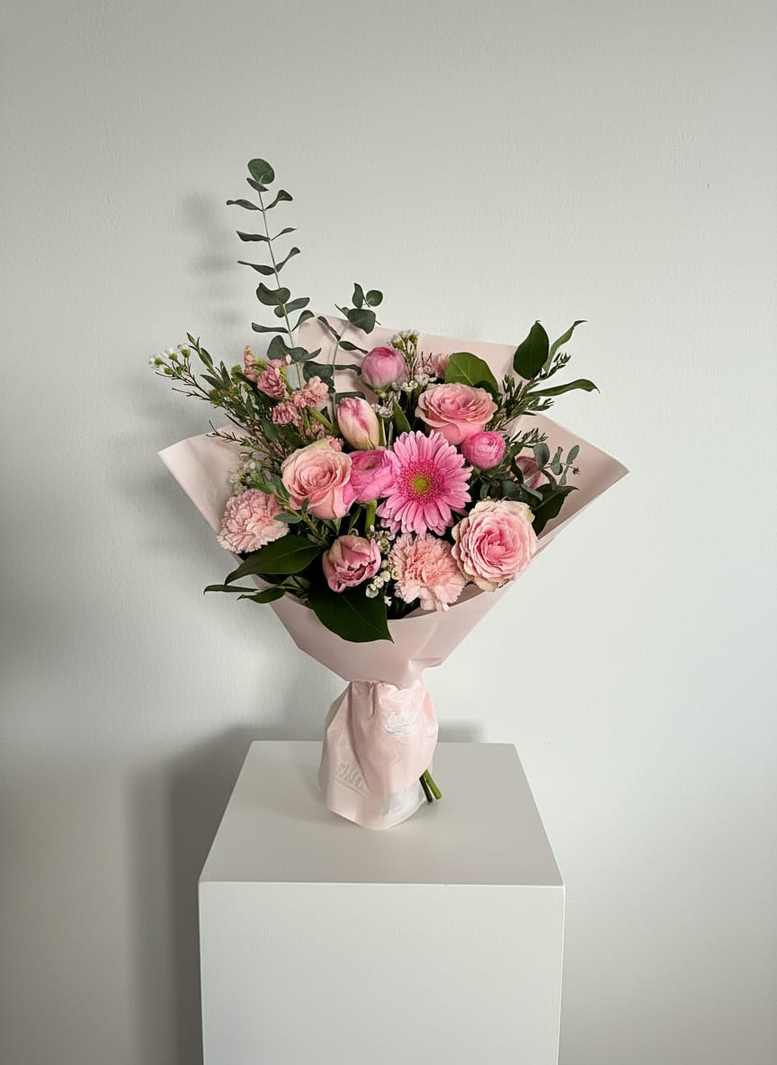 Amorcito, Corazon - A soft, feminine bouquet of pink and white blooms that feels like a small celebration in hand - perfect as a birthday bouquet, anniversary roses alternative, or a Mother's Day arrangement to show someone they're cherished. The mix of pink roses and a bright pink gerbera daisy creates an immediate focal point, while tulips and carnations add layered texture and a comforting, romantic mood that says "you're loved."  This loose, hand-tied arrangement pairs pale blush wrapping paper with tall, eucalyptus-like greenery for gentle height and an airy, modern silhouette. Expect a delicate blend of rose heads, a standout gerbera, sweet carnations, and tulips in pinks, whites, and fresh greens that read elegant without feeling fussy. The style is ready-to-gift and presents beautifully right out of the wrap.  Give this to the person you want to make feel seen-whether marking an anniversary, saying happy birthday, or simply telling someone you're thinking of them. Tender stems and long greens lend a natural look; for best life, keep in fresh water, recut stems on arrival, and refresh water every other day.