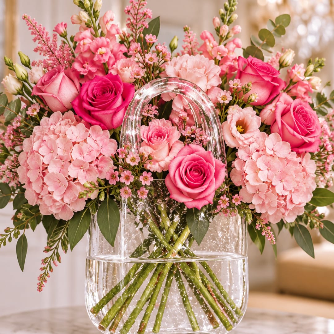 Pink roses and hydrangeas arranged in a clear glass handbag vase