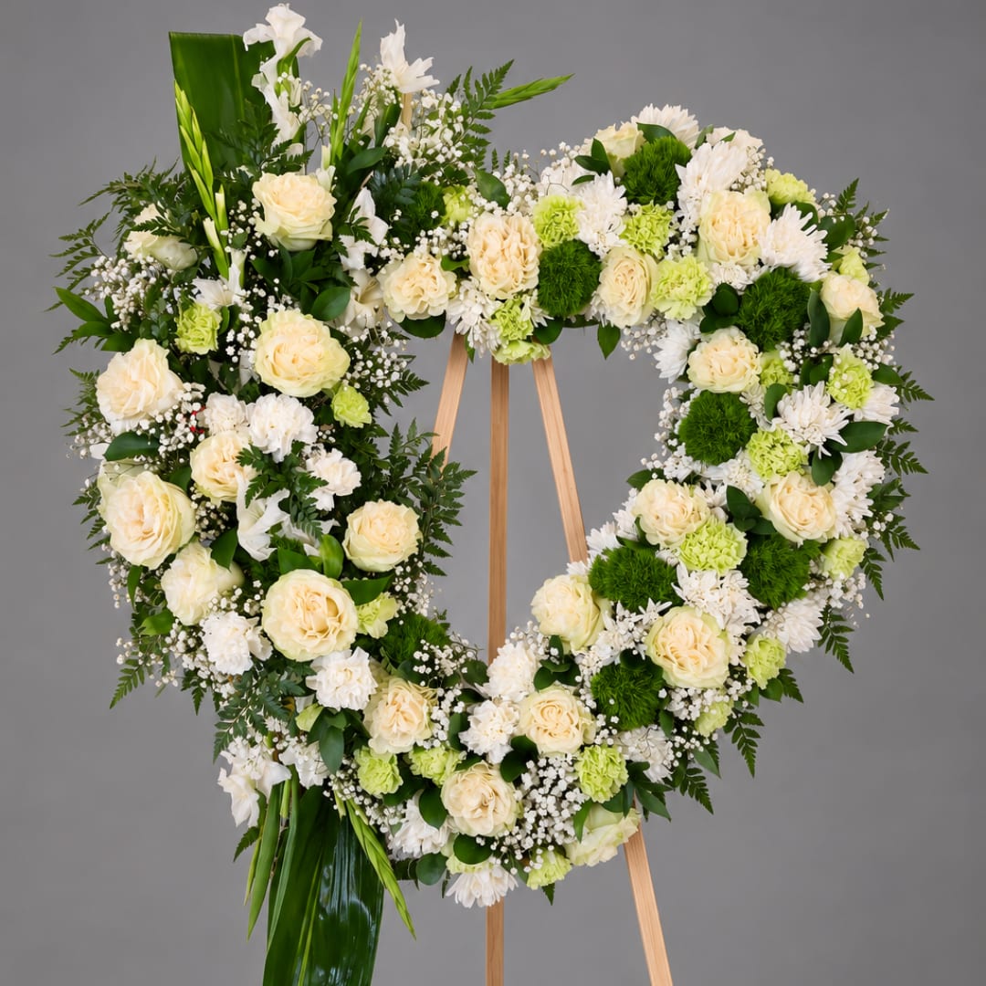 Heart-shaped floral wreath with cream and white flowers on a wooden easel