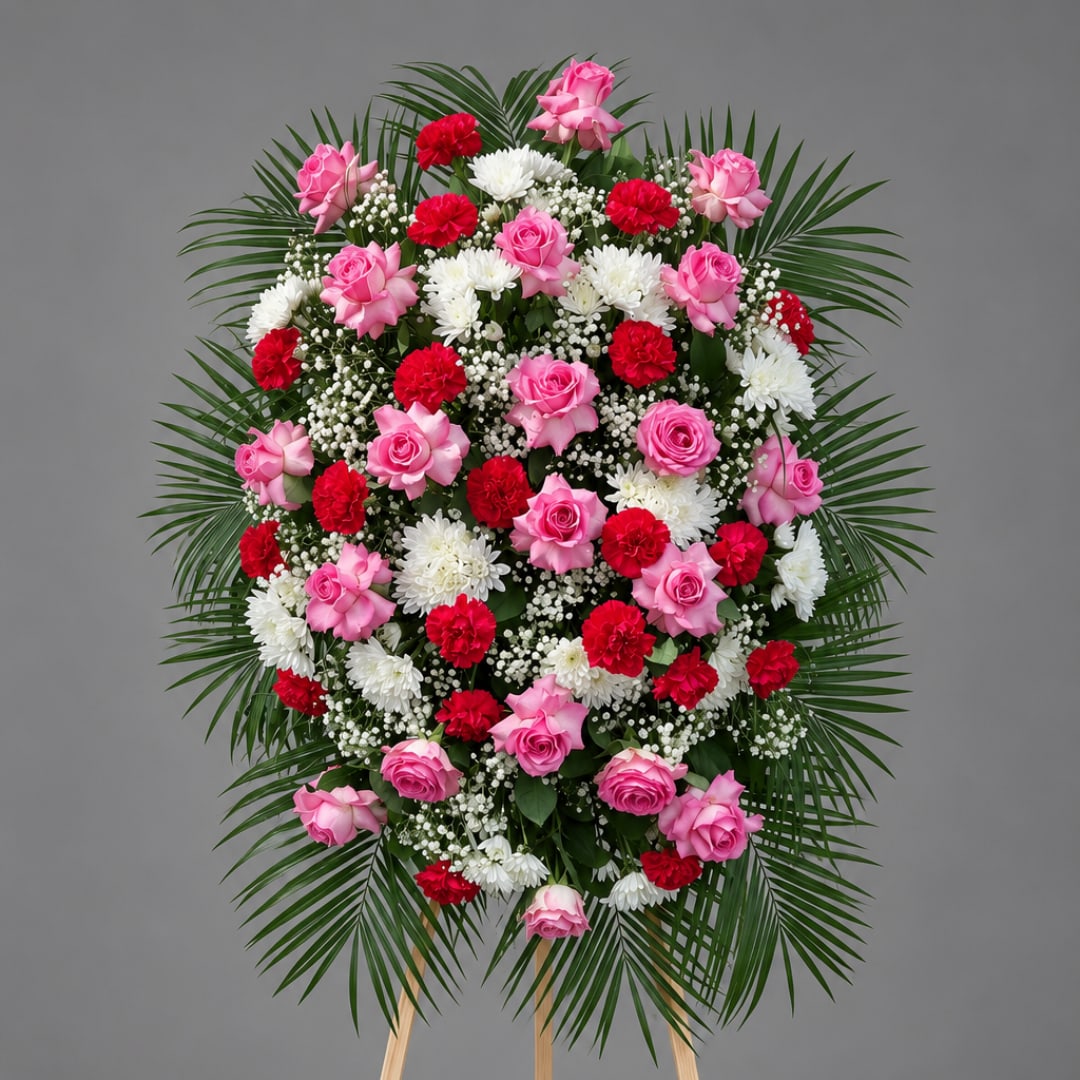 Standing floral wreath with pink roses, red carnations, and white chrysanthemums