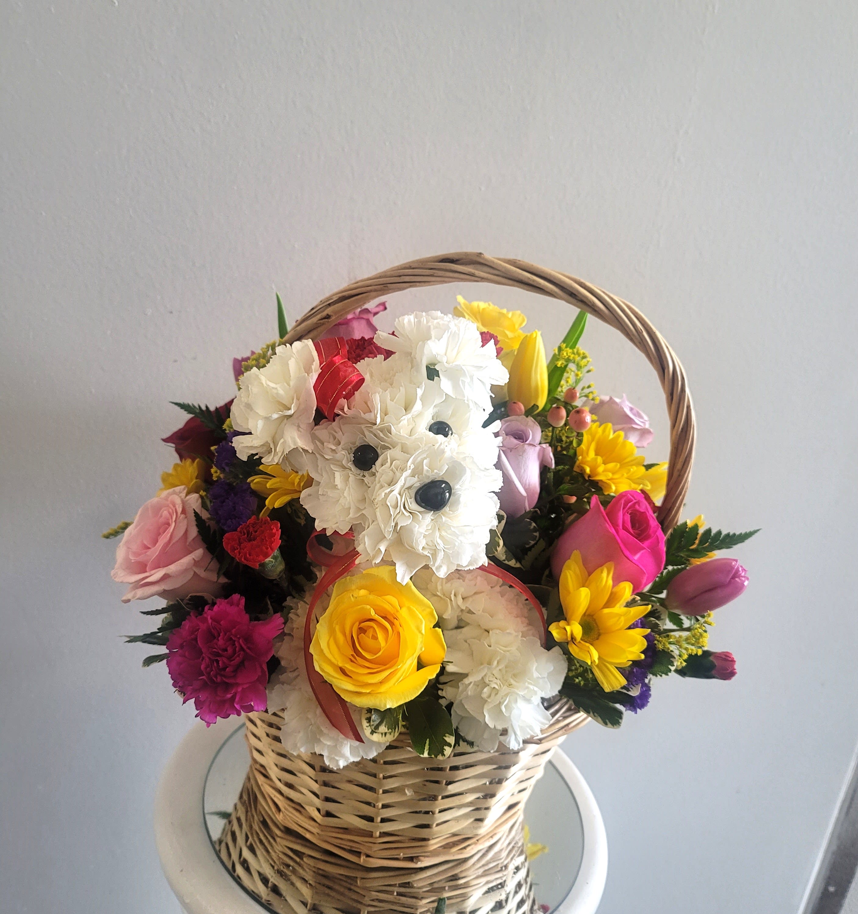 Bright Puppy Love  - Puppy in a basket with bright color flowers to cheer up anybody.