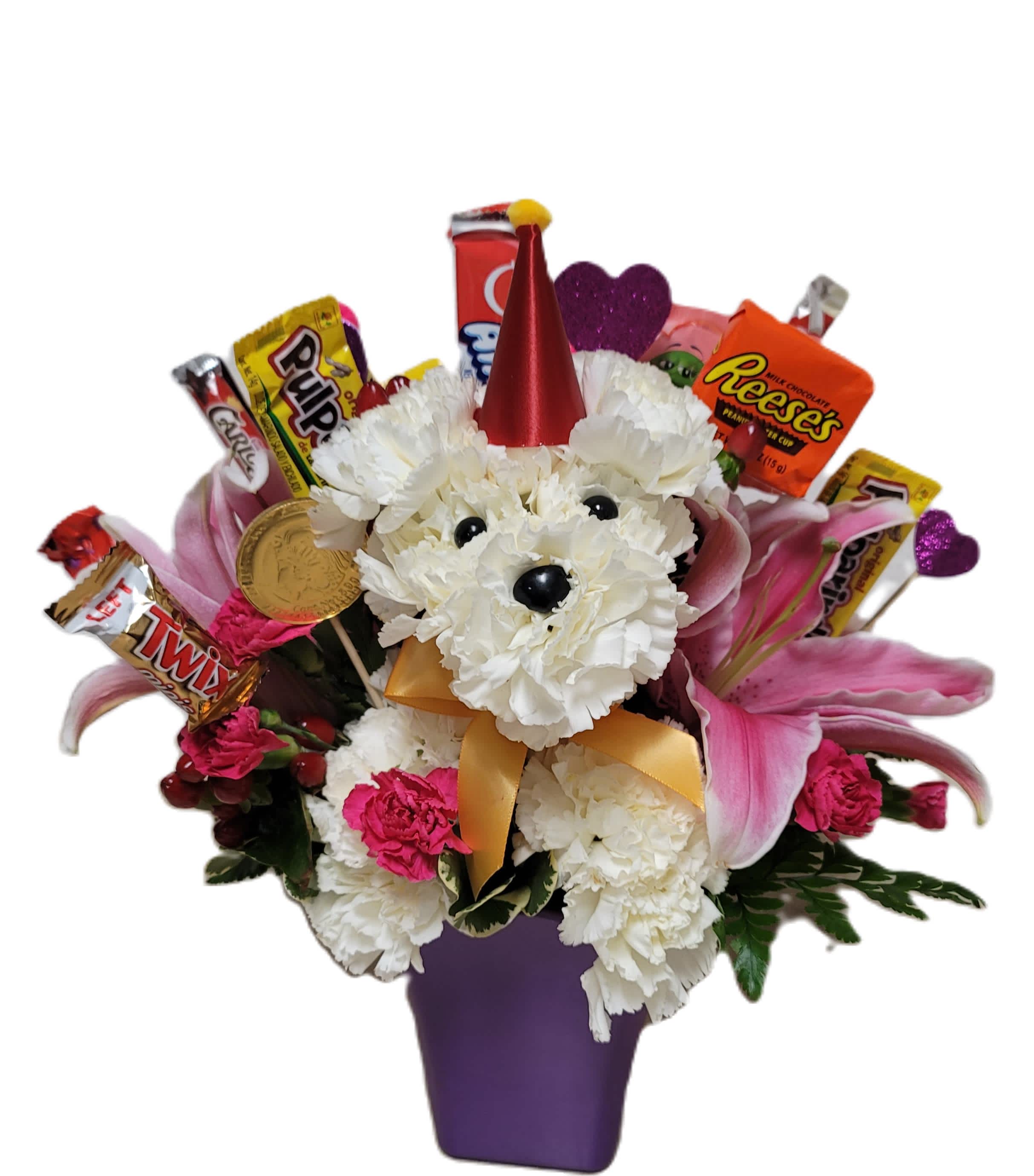 PUPPY LOVE FLOWER &amp; CANDY BOUQUET - BEAUTIFUL PUPPY DESIGNED WIH CANDIES AND FLOWERS