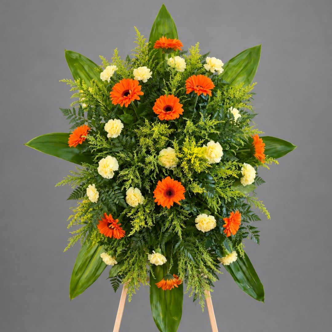 Standing floral spray with orange gerbera daisies and pale yellow carnations