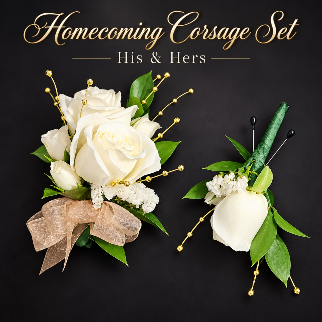 White rose corsage and boutonniere set with gold accents on a black background