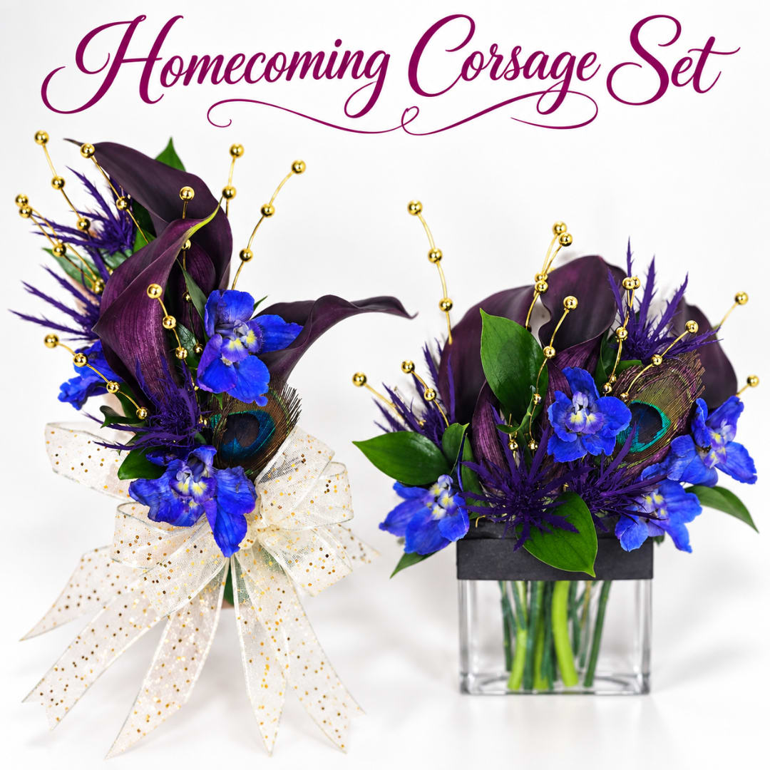 Two purple and blue corsage arrangements with gold accents and ribbon