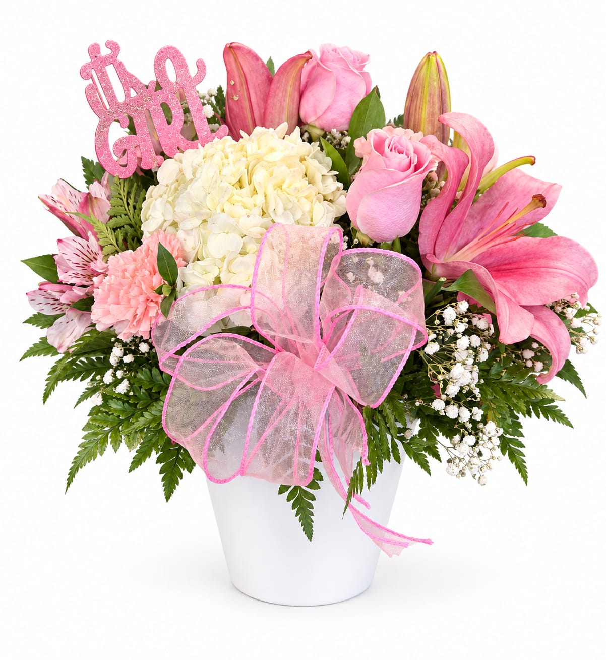 Pink and white mixed flower arrangement in a white vase with a "It's a Girl" sign