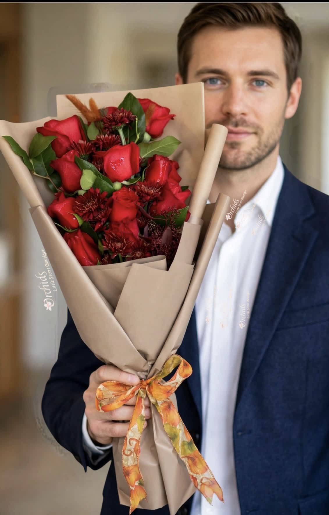 Man holding a bouquet of red roses wrapped in tan paper