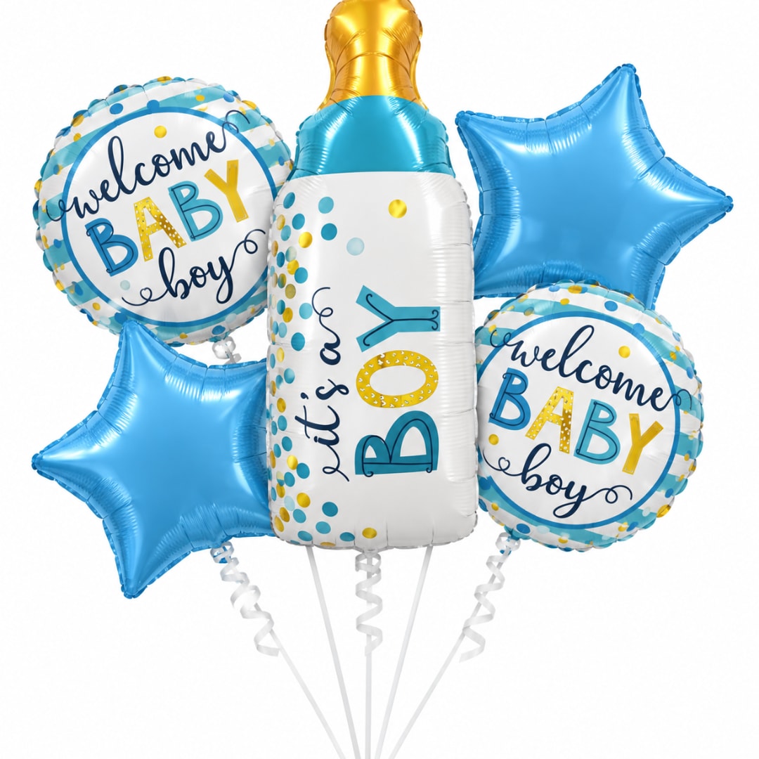 Blue and gold baby boy balloons with two star balloons