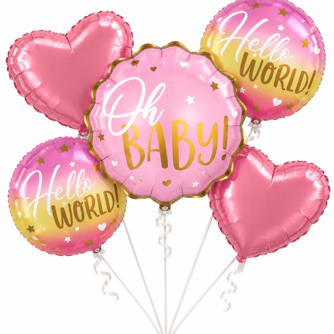 Pink baby shower balloons with heart shapes and "Oh Baby!" text