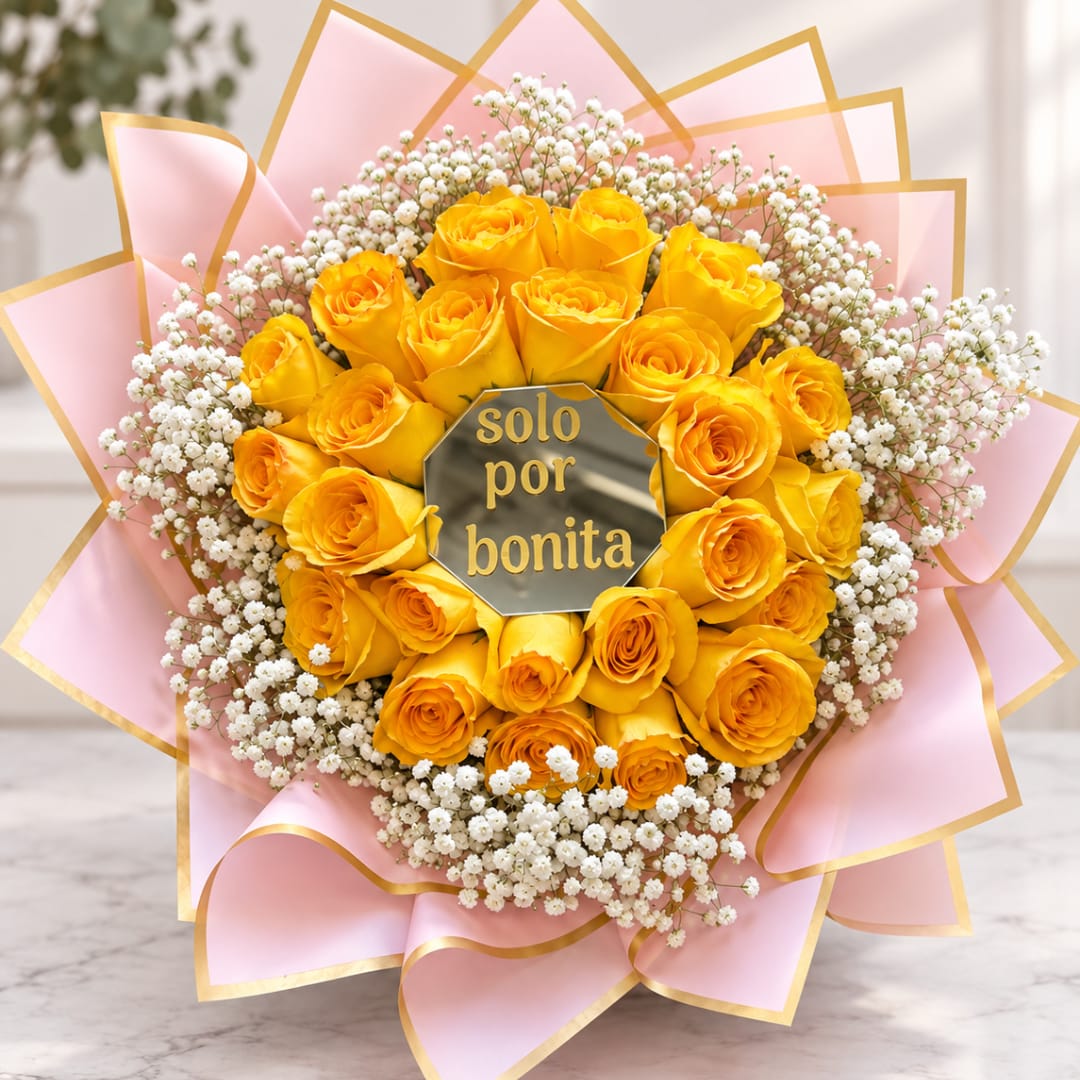 Yellow roses with white baby's breath wrapped in pink paper